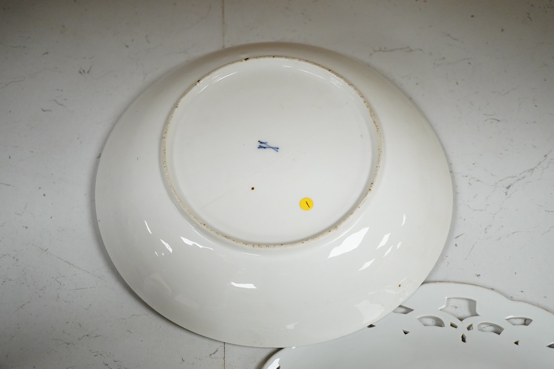 An 18th century Meissen flower painted dish, 24cm in diameter and a 19th-century Meissen moulded dish depicting grapevines